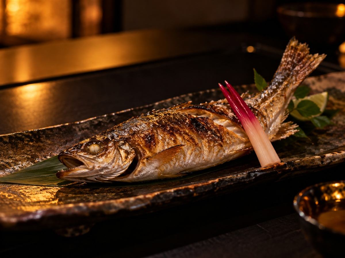 長皿にのせた魚の炭火焼