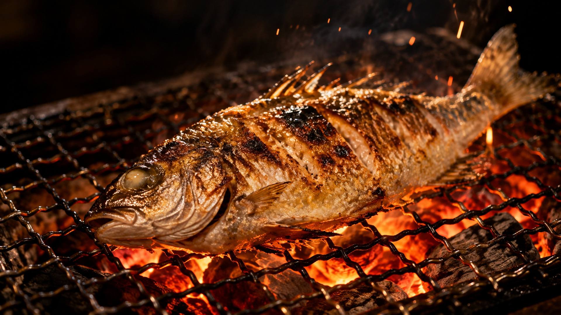 炭火の上で焼かれる魚