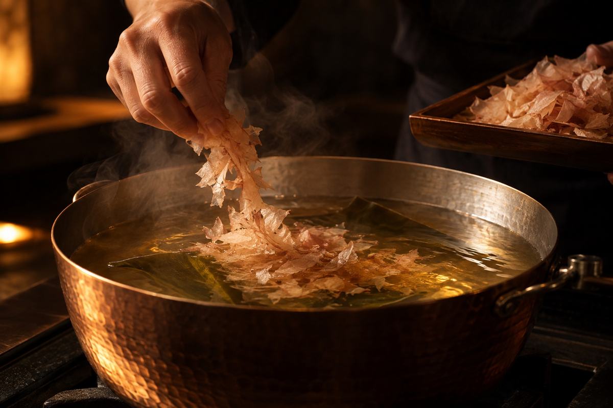 昆布と鰹節で出汁を引く手元
