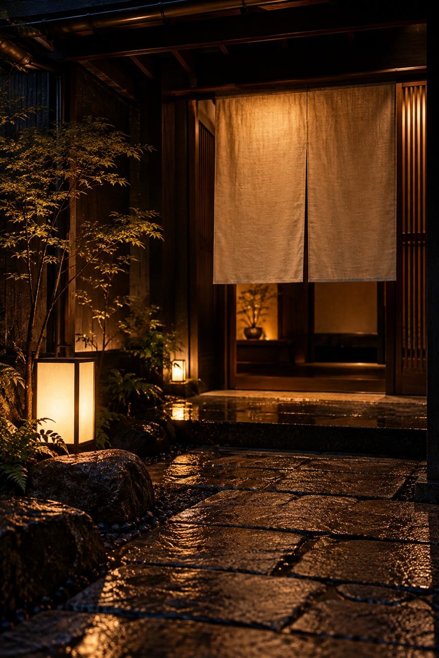 のれんと行灯のある夜の入口